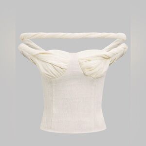 Twist-Shoulder Cream Strapless Crop Top